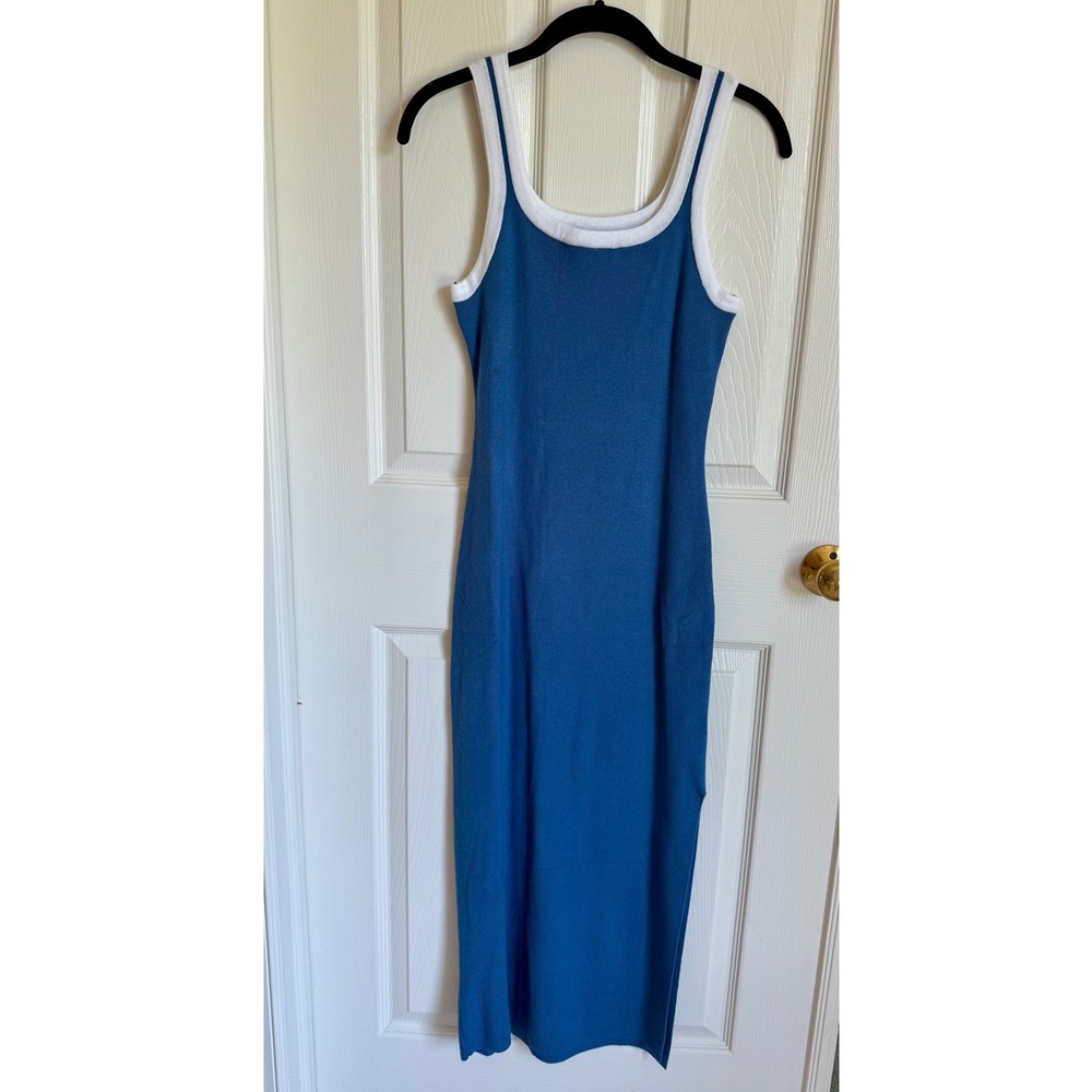 ZESICA Blue Ribbed Knit Contrast Trim Sleeveless Side Slit Midi Dress Medium - Picture 2 of 8